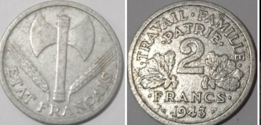 Moneda antigua 2 francos 1943 ALUMINIO