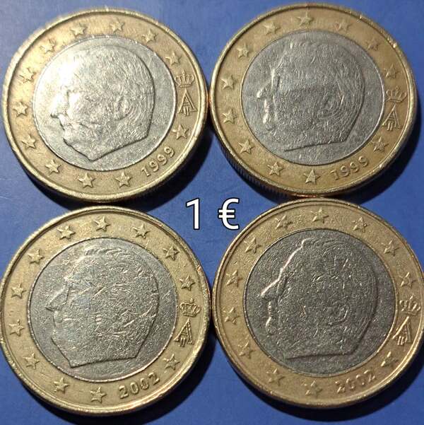 4●● Vendo un lote de 4 monedas de los Bélgica de 1 € de los años dos de 1999 dos del 2002.