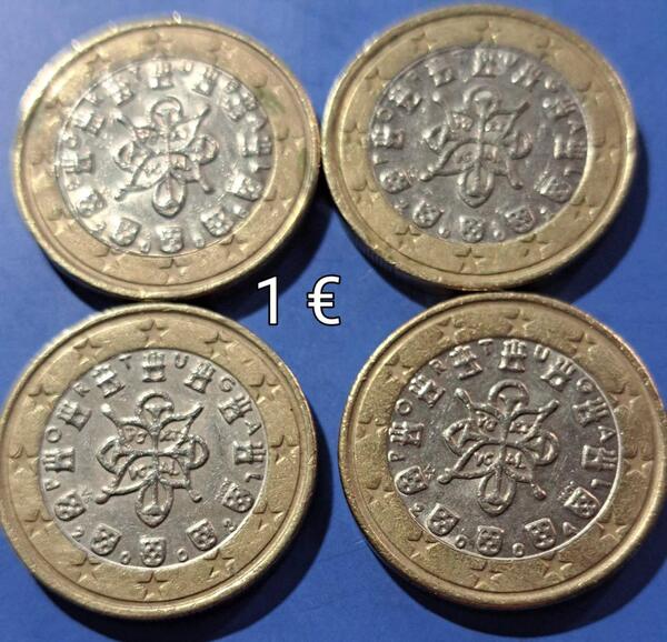 7●● Vendo un lote de 4 monedas de Portugal de 1 € delos años 2000, 2002, 2003, y 2004