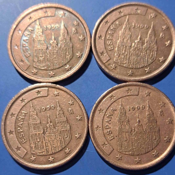 017☆☆ Vendo lote 4 monedas de 5 céntimos de euro ( higienizadas ) de España del 1999.