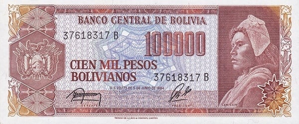 10 Centavos Boliviano (Überschrieben auf 100.000 Bolivianos P#171)