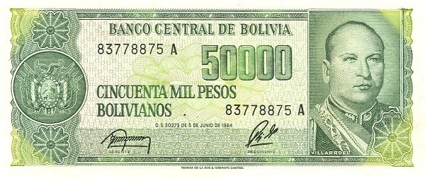 5 Centavos Boliviano (Überdruck auf 50000 Bolivianos Banknote P#170)