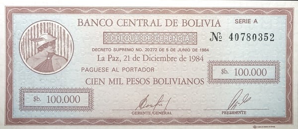 10 Centavos Boliviano (Überdruck auf 100000 Bolivianos Banknote P#188)