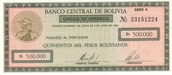 50 Centavos Boliviano (Überdruck auf 500000 Bolivianos Banknote P#189)