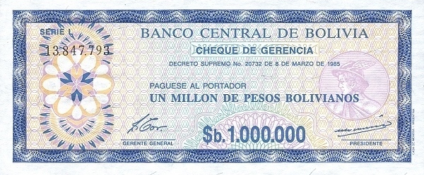 1 Boliviano (Aufdruck auf 1000000 Bolivianos Banknote P#192c)