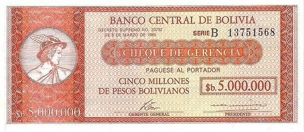 5 Bolivianos (Aufdruck auf 5000000 Bolivianos-Schein P#192a)