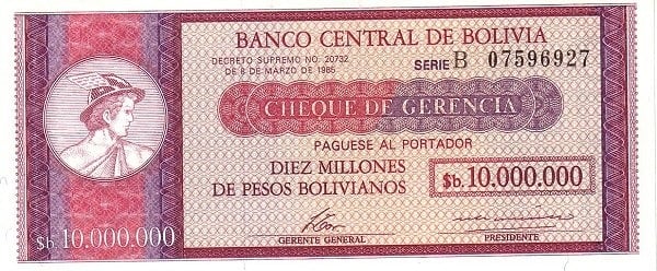 10 Bolivianos (Überschrieben auf 10000000 bolivianos banknote P#192b)