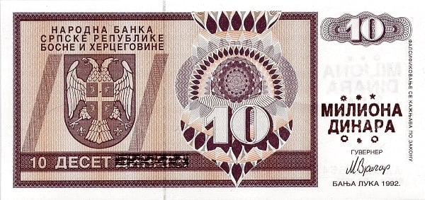 10000000 dinara (Aufdruck auf der 10-Dinara-Banknote P#133)