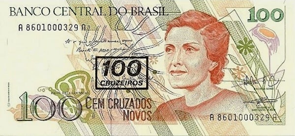 100 cruzeiros (überdruckt auf 100 cruzados novos P#220)