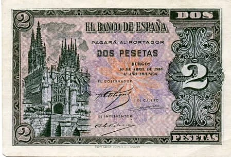 2 Pesetas (Puerta de Santa María und Kathedrale von Burgos)