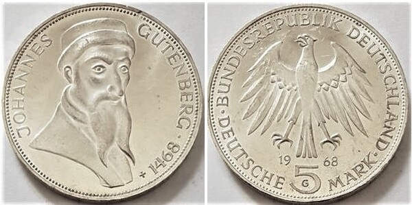 5 mark (500. Jahrestag des Todes von Johannes Gutenberg)