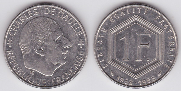 1 franc (Charles de Gaulle - 30. Jahrestag der Fünften Republik)