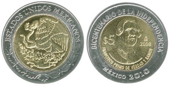 5 pesos (Zweihundertjahrfeier der Unabhängigkeit-Francisco Primo de Verdad y Ramos)