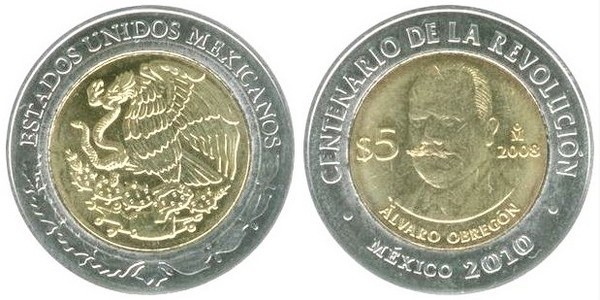 5 pesos (Hundertjahrfeier der Revolution-Álvaro Obregón)