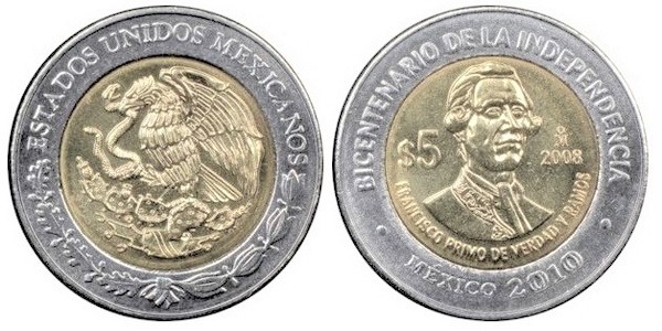 5 pesos (Zweihundertjahrfeier der Unabhängigkeit-Francisco Primo de Verdad y Ramos)