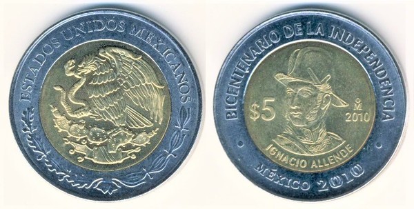 5 pesos (Zweihundertjahrfeier der Unabhängigkeit - Ignacio Allende)