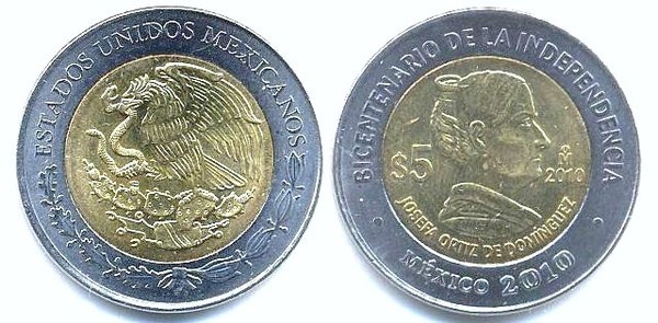 5 pesos (Zweihundertjahrfeier der Unabhängigkeit-Josefa Ortíz de Domínguez)