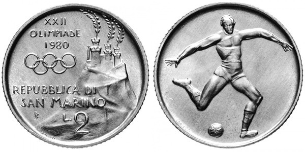 2 lire (XXII. Olympiade Moskau-1980 - Fußball)