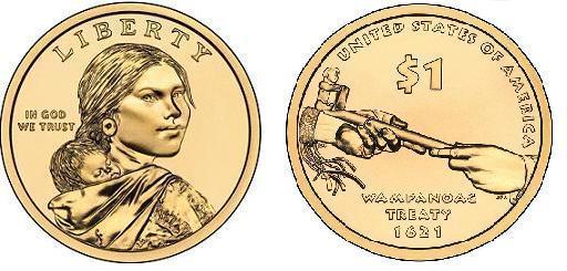 1 dollar (Sacagawea Dollar - Amerikanische Ureinwohner Dollar - Wampanoag Vertrag 1621)