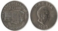 20 ngwee (20 Aniversario del Banco de Zambia)